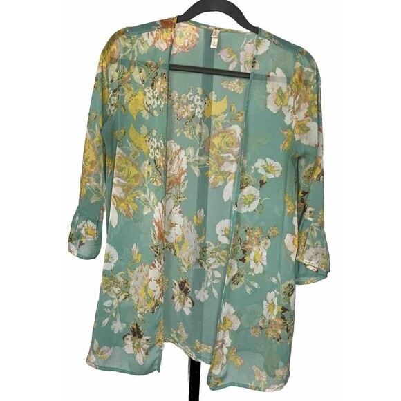 Xhilaration Cover Up Ruffle Sleeve Beach Top Open Sheer Green Floral Small Fairy - Picture 1 of 3